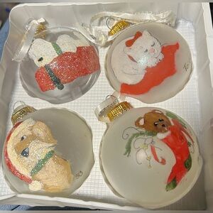Hand-Painted Holiday Glass Ornaments - Set of 4 - White and Red